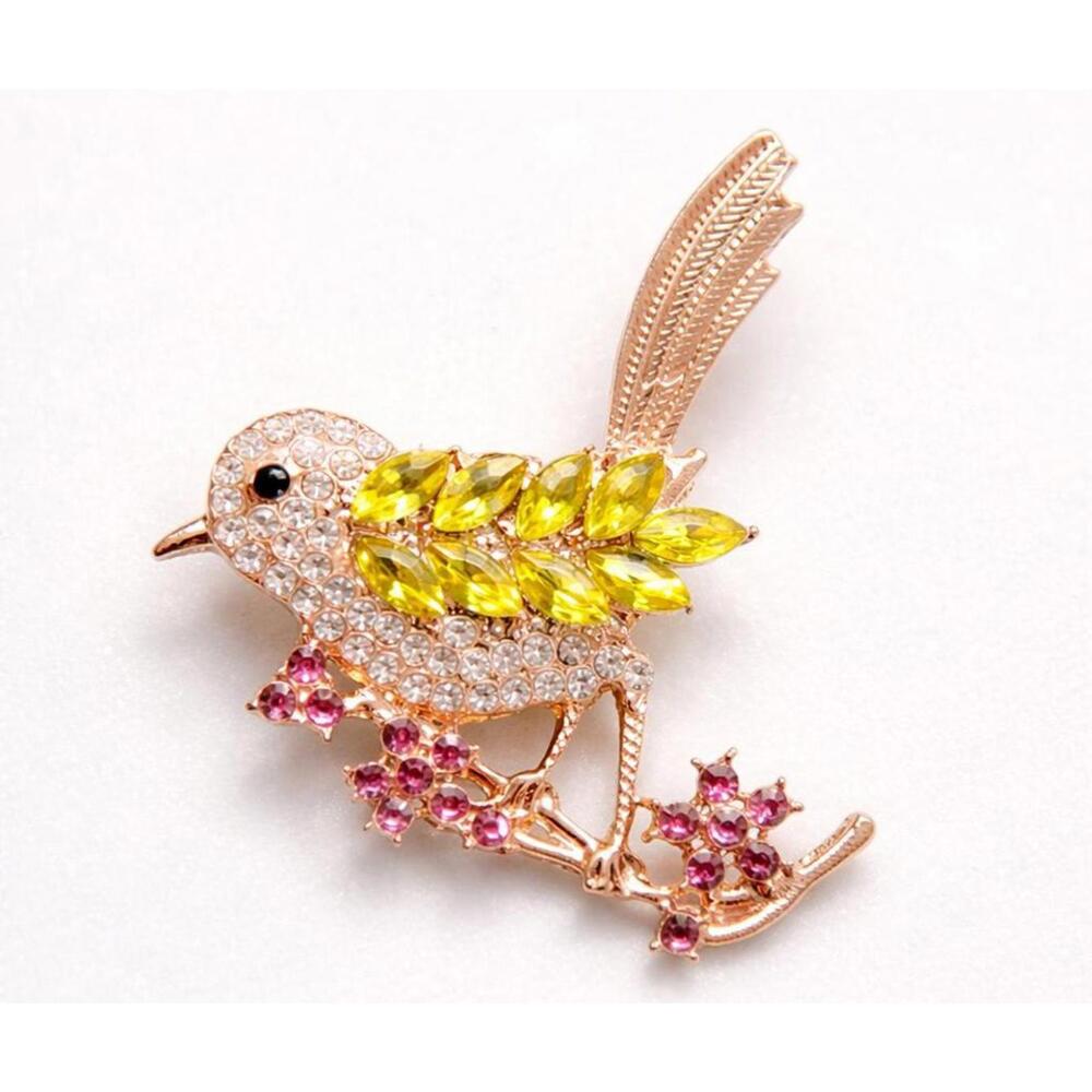 Vintage Gold Tone Bird Brooch Rhinestone Pink Yellow Crystal Pin FREE SHIPPING